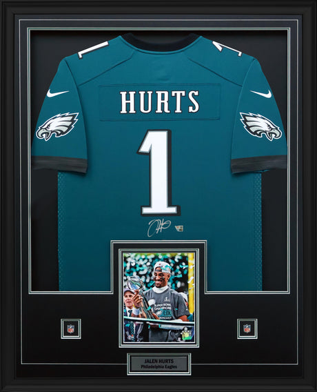 Jalen Hurts Signed Framed 34x42 Philadelphia Eagles Super Bowl LIX Champions Nike Green Game Jersey - AUCTION