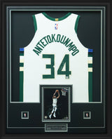Giannis Antetokounmpo Signed Framed 34x42 Milwaukee Bucks Nike White Association Swingman Jersey - AUCTION