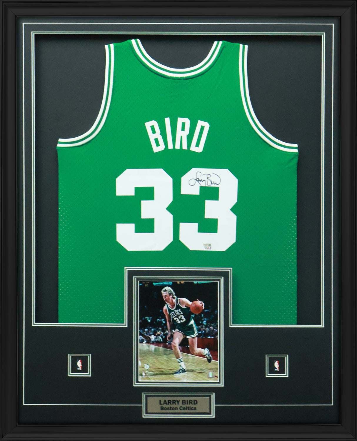 Larry Bird Signed Framed 34x42 Boston Celtics Green Mitchell & Ness Swingman Jersey - AUCTION