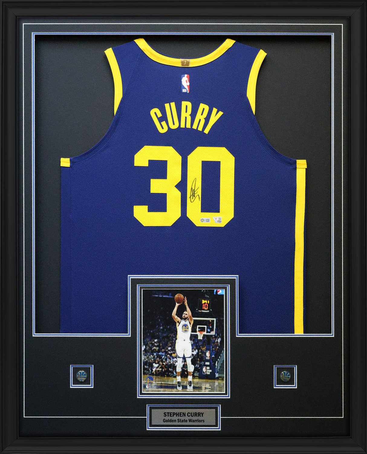 Stephen Curry Signed Framed 34x42 Golden State Warriors Navy Jordan Brand Statement Edition Authentic Jersey - AUCTION