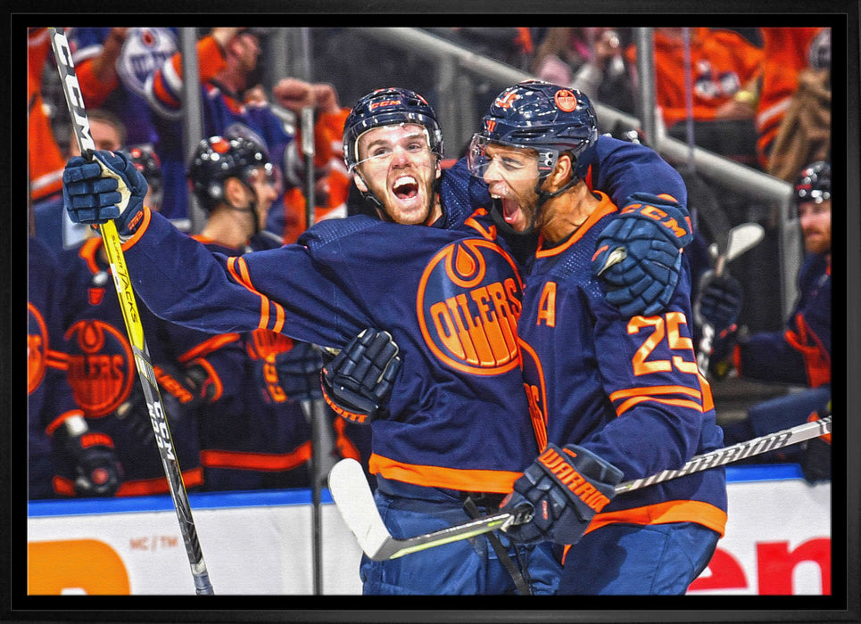 Connor McDavid and Darnell Nurse 20x29 Framed Canvas Oilers Celebration-H