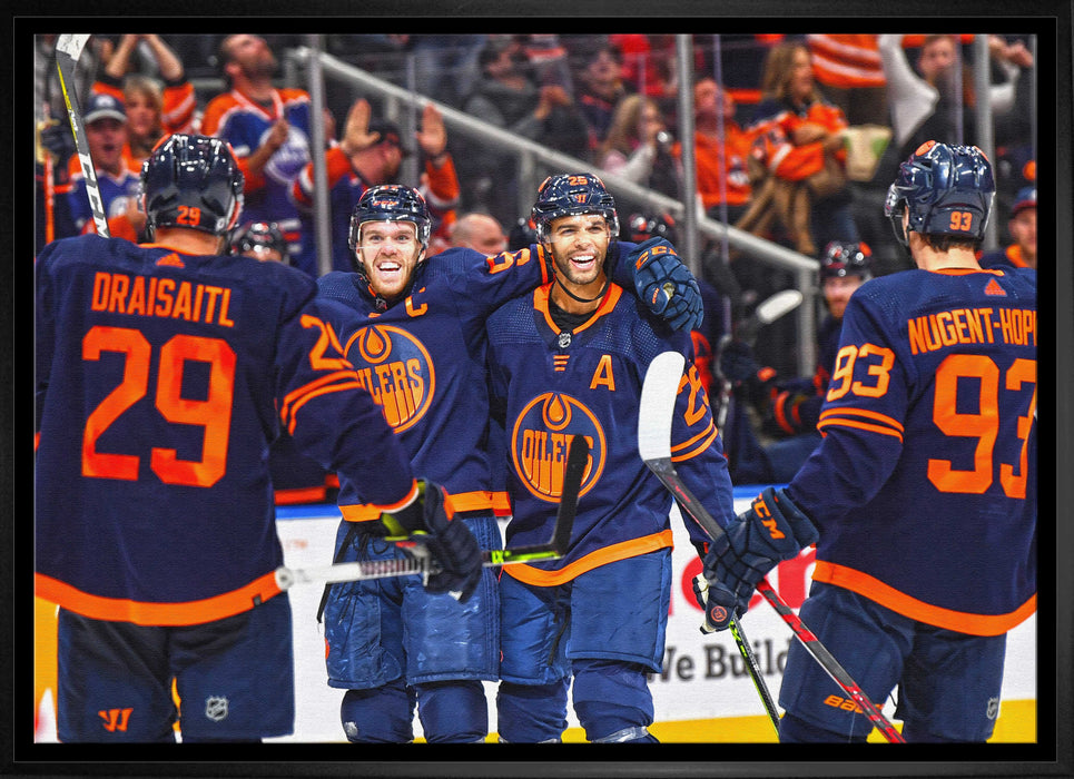 Leon Draisaitl, Connor McDavid, Darnell Nurse and Ryan Nugent-Hopkins 20x29 Framed Canvas Oilers Celebration-H