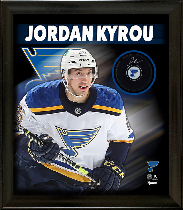 Jordan Kyrou Signed PhotoGlass Framed St. Louis Blues Puck - Frameworth Sports Canada 