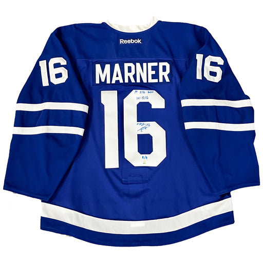 Mitch Marner Signed Toronto Maple Leafs Blue Team issued Reebok Jersey with "First goal" Inscribed - Frameworth Sports Canada 