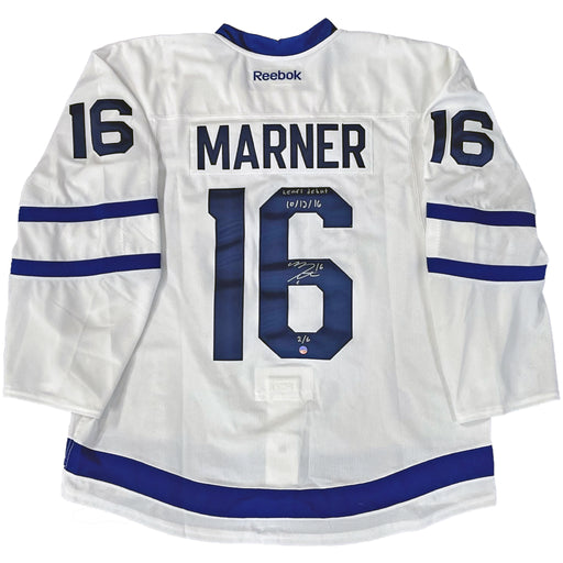 Mitch Marner Signed Toronto Maple Leafs White Team issued Reebok Jersey with "First game" Inscribed - Frameworth Sports Canada 