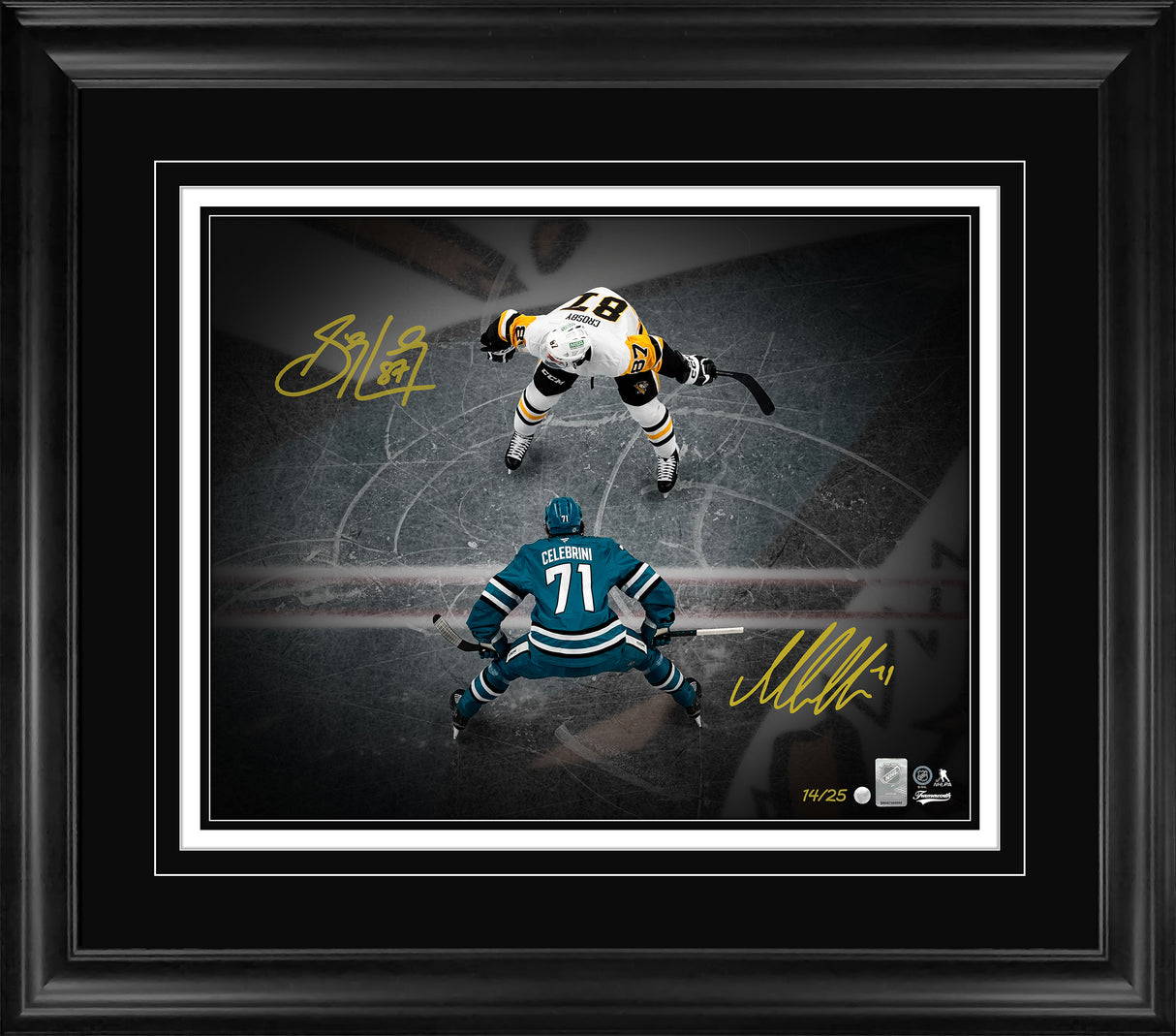 Macklin Celebrini and Sidney Crosby dual-signed framed hockey print