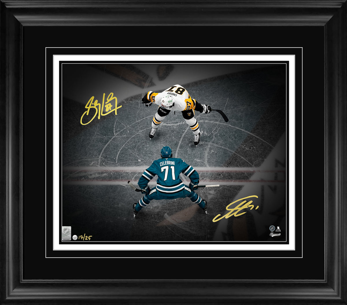 Macklin Celebrini and Sidney Crosby Dual Signed 16x20 Print Framed Face-Off Overhead Spotlight (Limited Edition of 25)