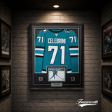 Macklin Celebrini Signed Framed 34x42 San Jose Sharks Home Fanatics Premium Jersey