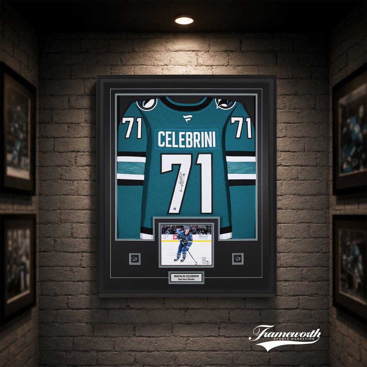 Macklin Celebrini Signed Framed 34x42 San Jose Sharks Home Fanatics Premium Jersey