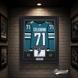 Macklin Celebrini Signed Framed 34x42 San Jose Sharks Home Fanatics Premium Jersey
