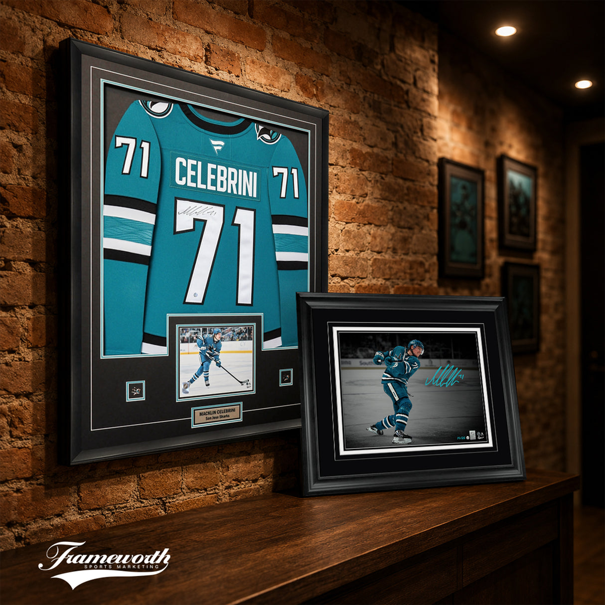 Macklin Celebrini Signed Framed 34x42 San Jose Sharks Home Fanatics Premium Jersey