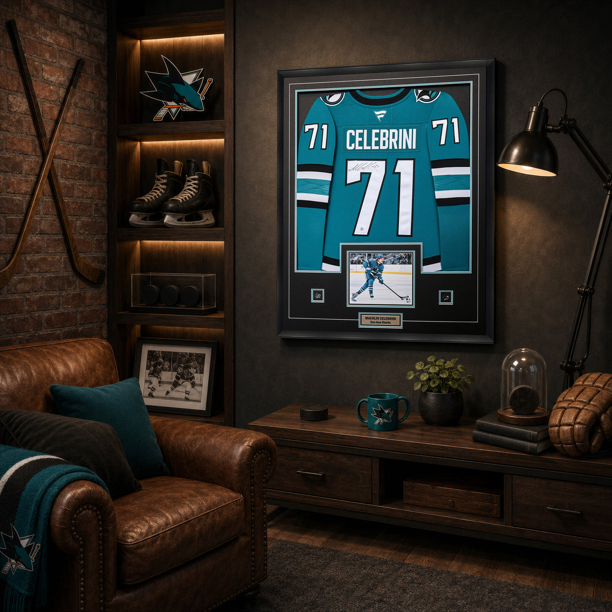 Macklin Celebrini Signed Framed 34x42 San Jose Sharks Home Fanatics Premium Jersey