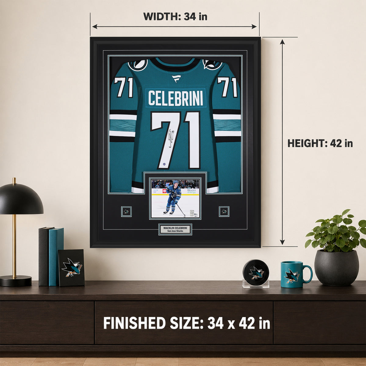 Macklin Celebrini Signed Framed 34x42 San Jose Sharks Home Fanatics Premium Jersey