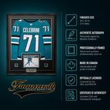 Macklin Celebrini Signed Framed 34x42 San Jose Sharks Home Fanatics Premium Jersey