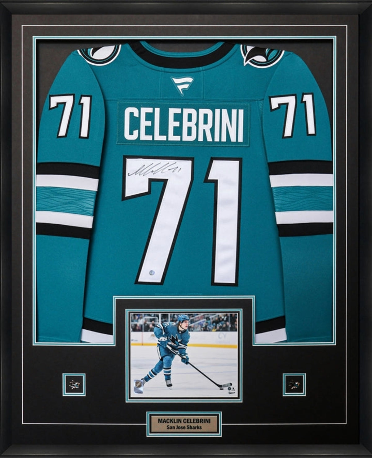 Macklin Celebrini signed framed San Jose Sharks home jersey