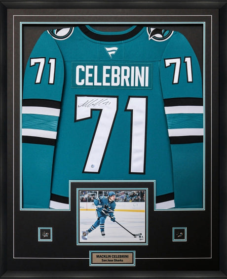 Macklin Celebrini signed framed San Jose Sharks home jersey
