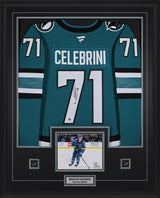 Macklin Celebrini Signed Framed 34x42 San Jose Sharks Home Fanatics Premium Jersey