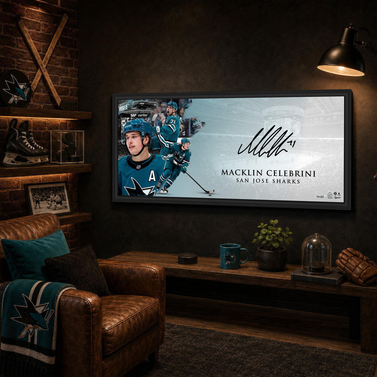 Macklin Celebrini Signed 18x40 Print Framed San Jose Sharks Oversize Autograph 1st Edition (Limited Edition of 25)