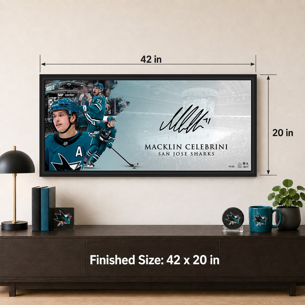 Macklin Celebrini Signed 18x40 Print Framed San Jose Sharks Oversize Autograph 1st Edition (Limited Edition of 25)