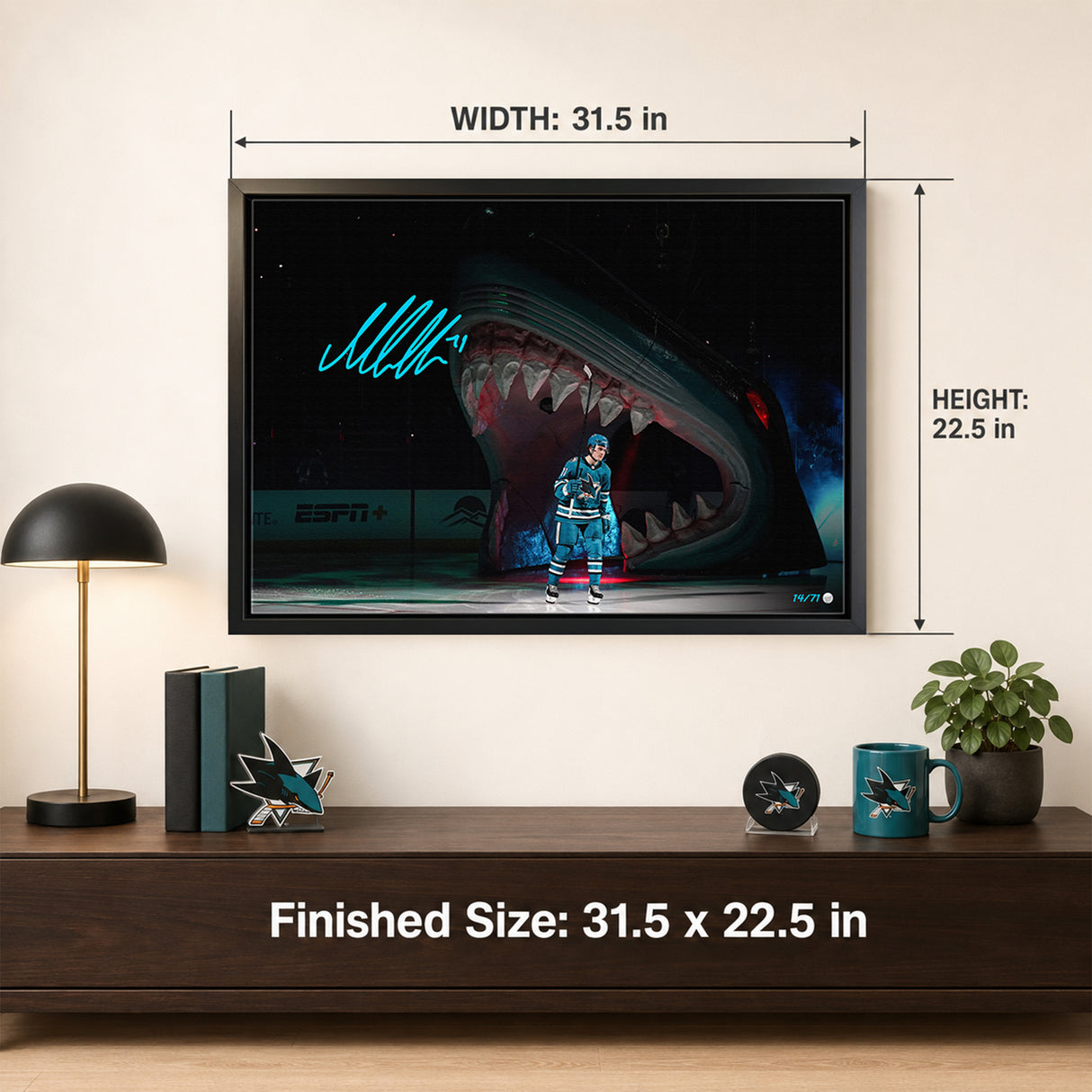 Macklin Celebrini Signed 20x29 Canvas Framed San Jose Sharks NHL Debut (Limited Edition of 71)