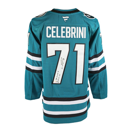 Macklin Celebrini signed San Jose Sharks teal Fanatics jersey inscribed 1st goal and assist 10-10-24, numbered 21 of 71 - back view