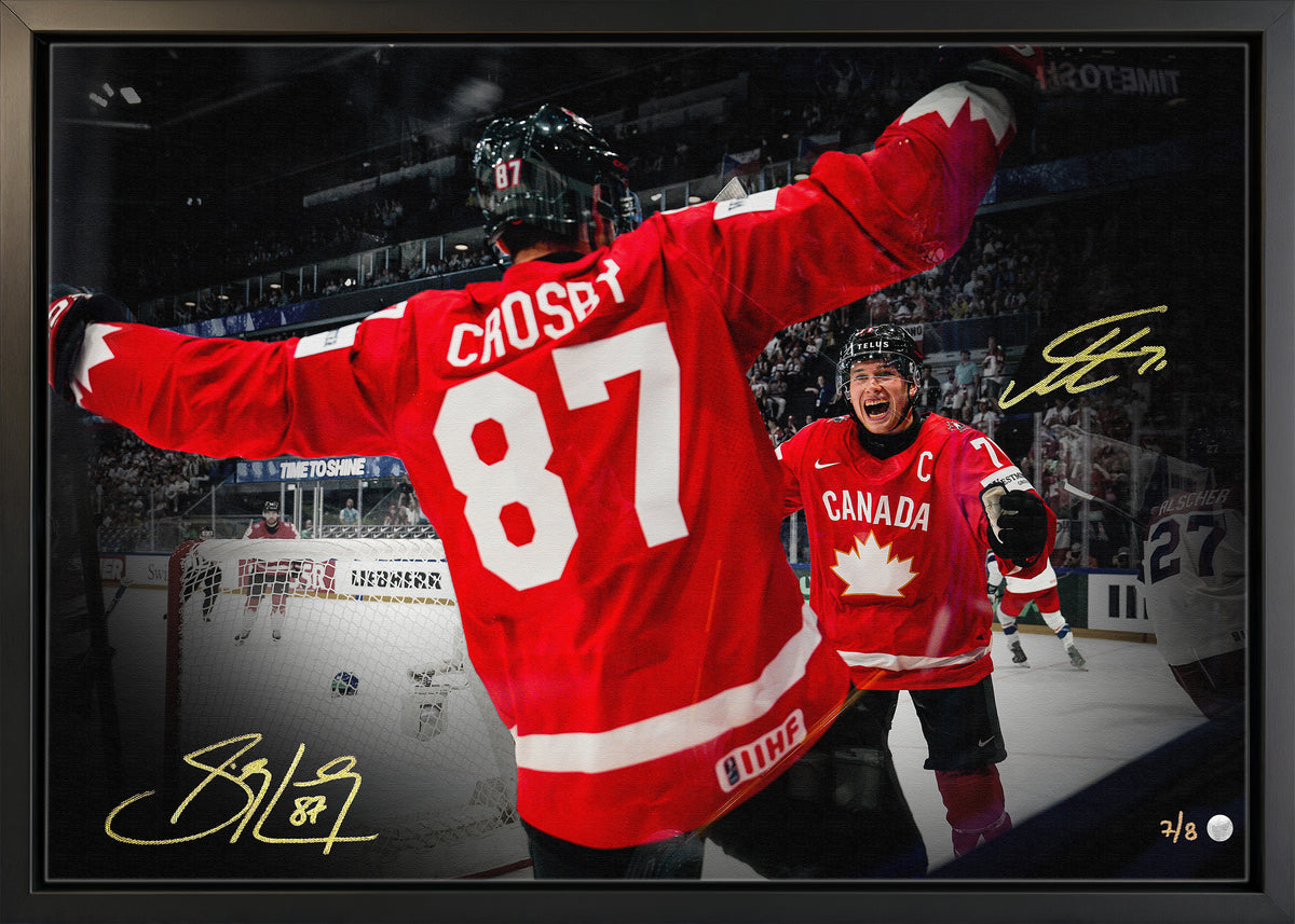 Macklin Celebrini and Sidney Crosby Dual Signed 20x29 Canvas Framed Signed 2026 IIHF Celebration Spotlight (Limited Edition of 8) - AUCTION