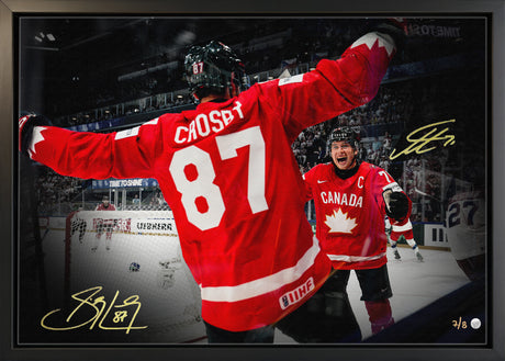 Macklin Celebrini and Sidney Crosby Dual Signed 20x29 Canvas Framed Signed 2026 IIHF Celebration Spotlight (Limited Edition of 8) - AUCTION