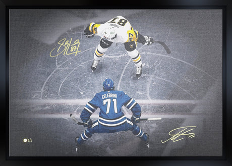 Macklin Celebrini and Sidney Crosby Dual Signed 24x36 Canvas Framed Face-Off Overhead (Limited Edition of 1)