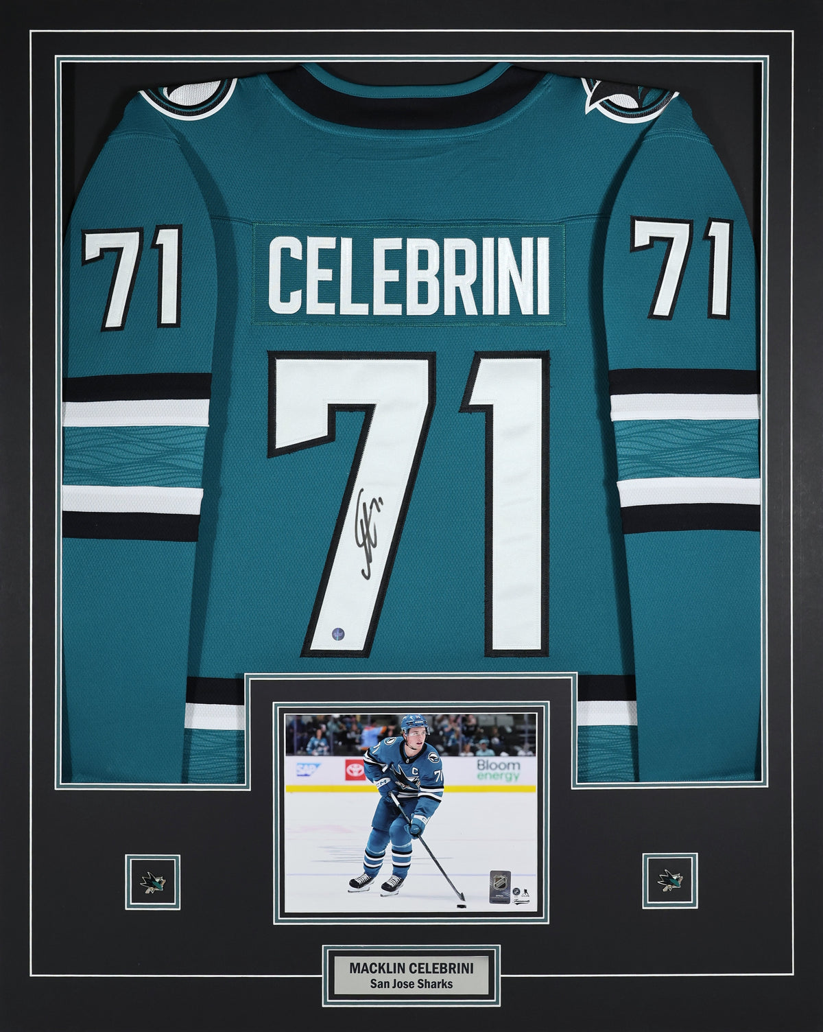 Macklin Celebrini Signed Framed 34x42 San Jose Sharks Home Breakaway Jersey - AUCTION