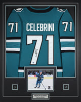 Macklin Celebrini Signed Framed 34x42 San Jose Sharks Home Breakaway Jersey - AUCTION
