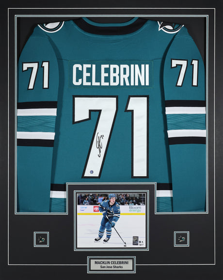 Macklin Celebrini Signed Framed 34x42 San Jose Sharks Home Breakaway Jersey - AUCTION