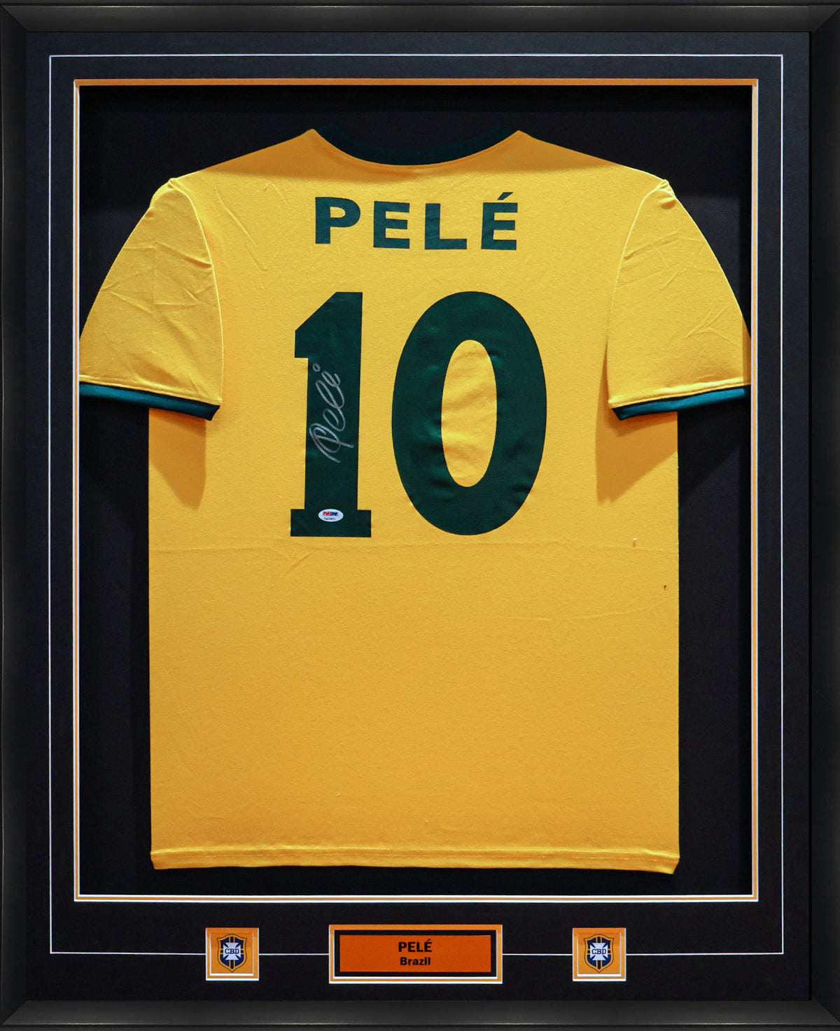 Pele Back Signed Framed 34x42 Brazil Retro Home Jersey - AUCTION