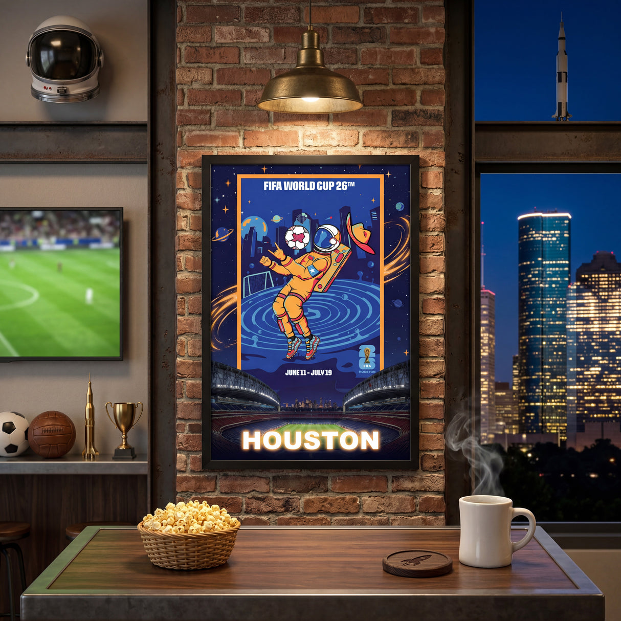 Houston FIFA World Cup 2026 Officially Licensed Framed Poster – Shadow Box Frame Behind Glass – Sports Bar City View