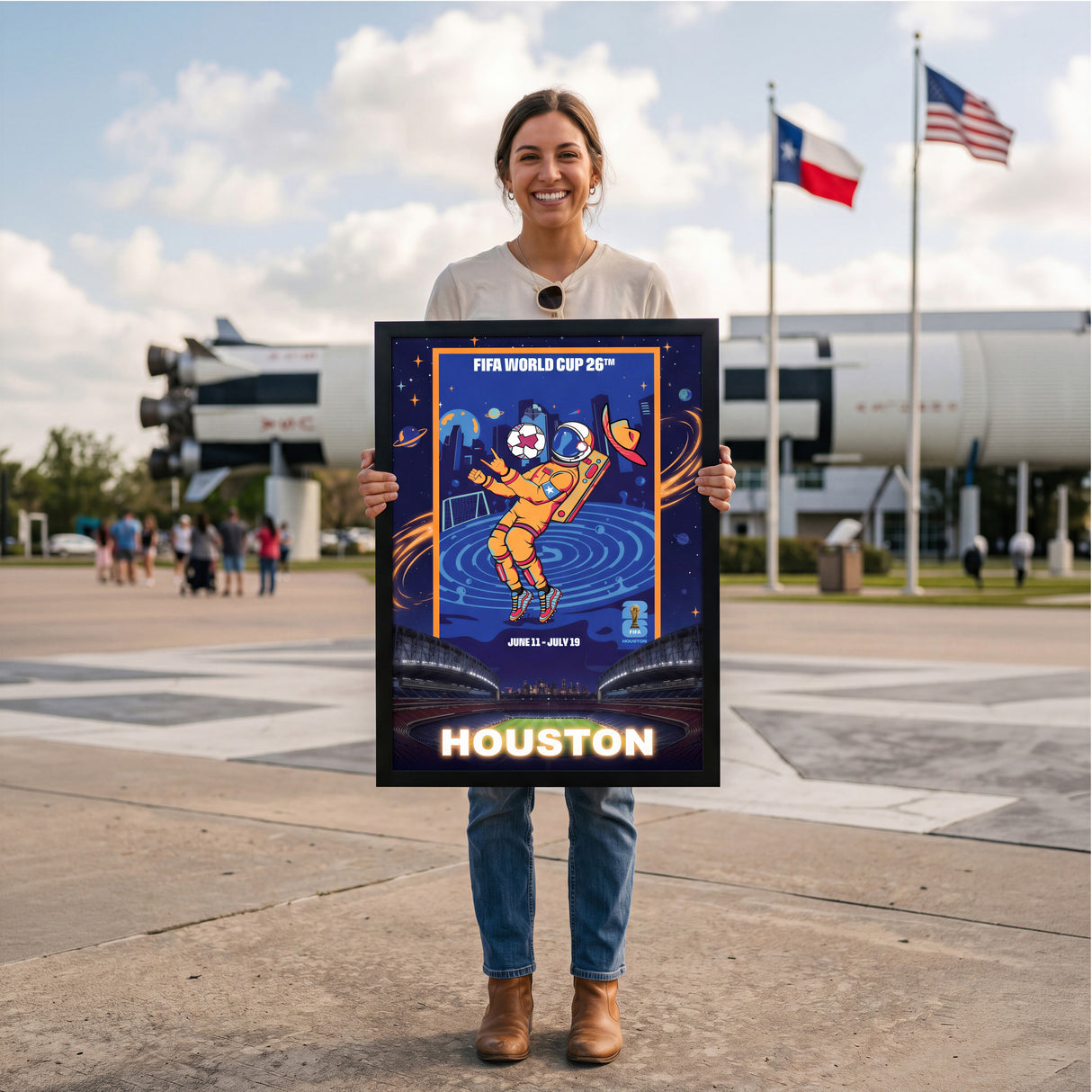 Houston FIFA World Cup 2026 Officially Licensed Framed Poster – Shadow Box Frame Behind Glass – Outside Women Holding Nasa
