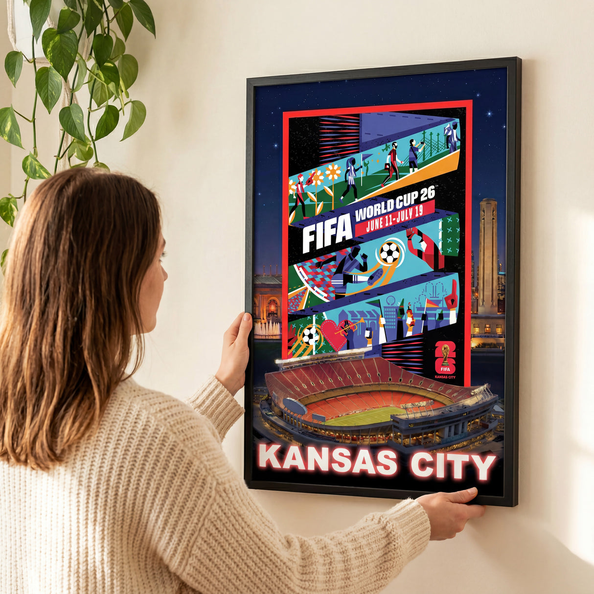 Kansas City FIFA World Cup 2026 Officially Licensed Framed Poster – Shadow Box Frame Behind Glass – Girl Holding on Wall