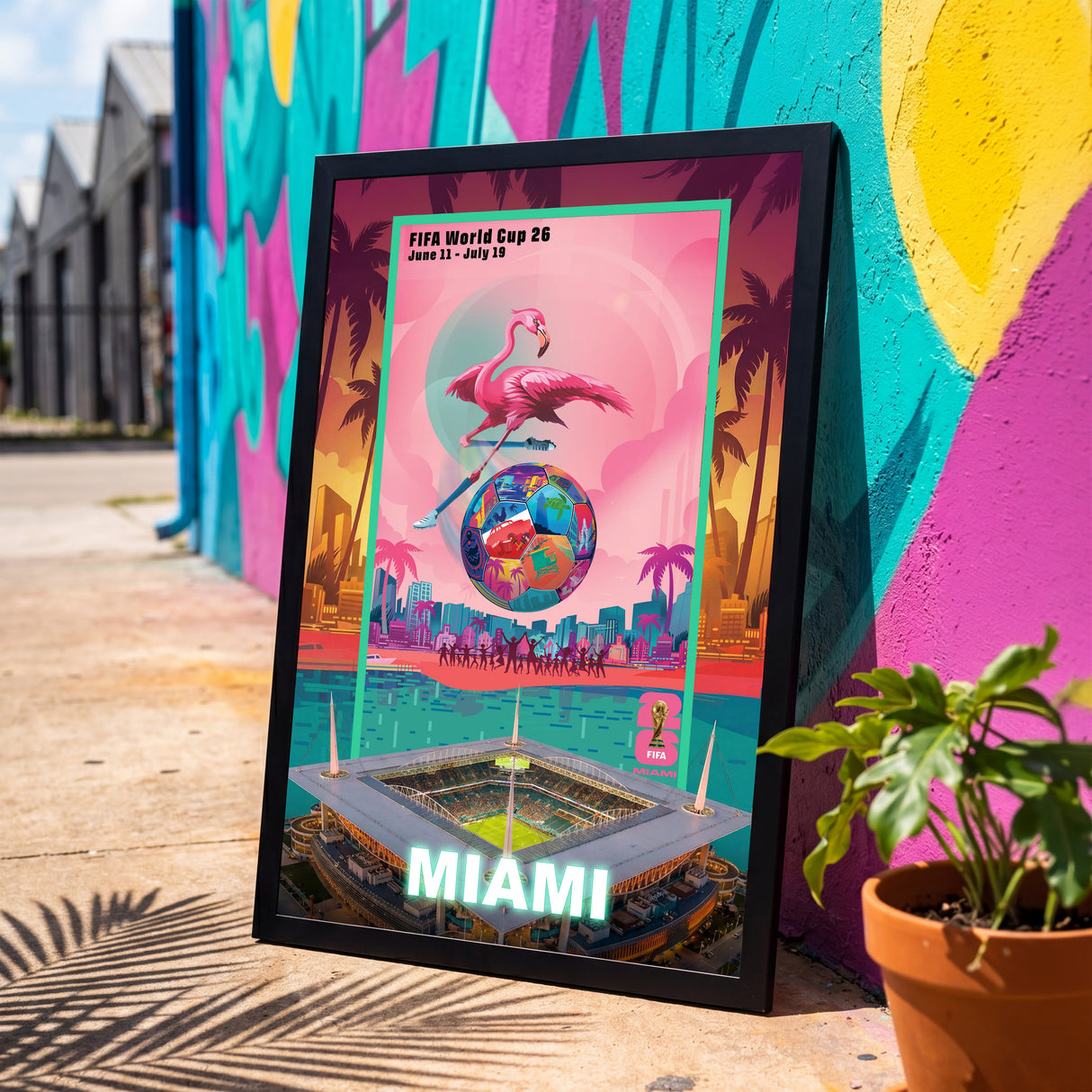 Miami FIFA World Cup 2026 Officially Licensed Framed Poster – Shadow Box Frame Behind Glass – Outside View