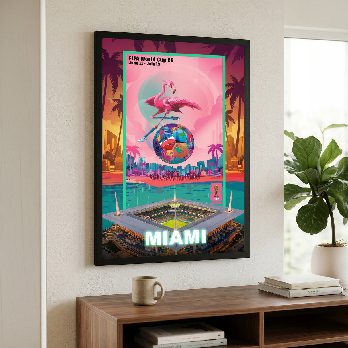 Miami FIFA World Cup 2026 Officially Licensed Framed Poster – Shadow Box Frame Behind Glass – Side Home Closeup