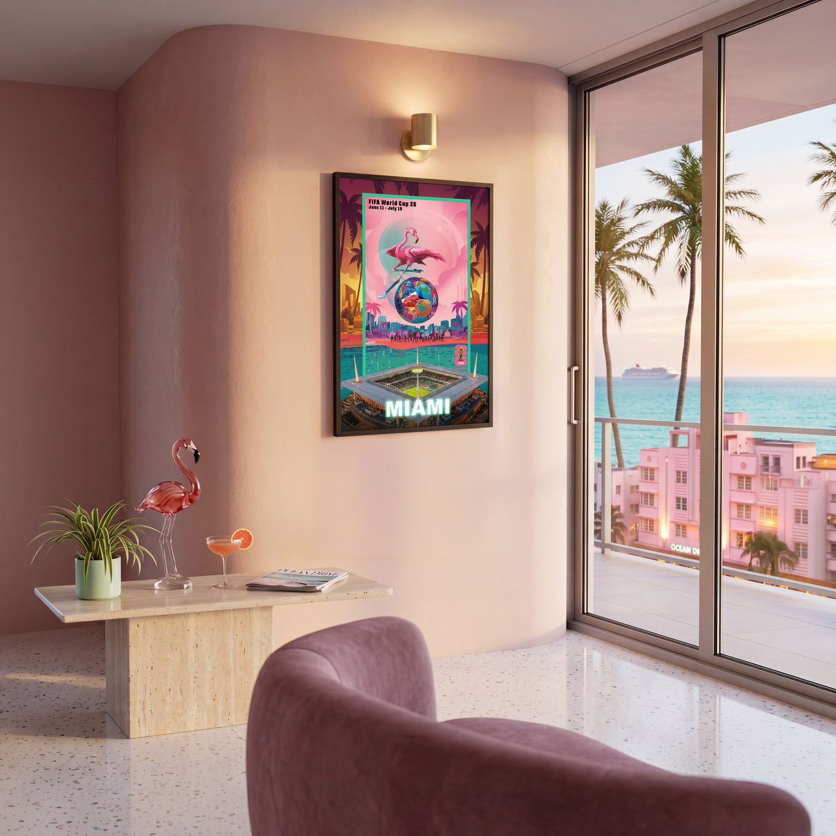 Miami FIFA World Cup 2026 Officially Licensed Framed Poster – Shadow Box Frame Behind Glass – Indor Street Window View