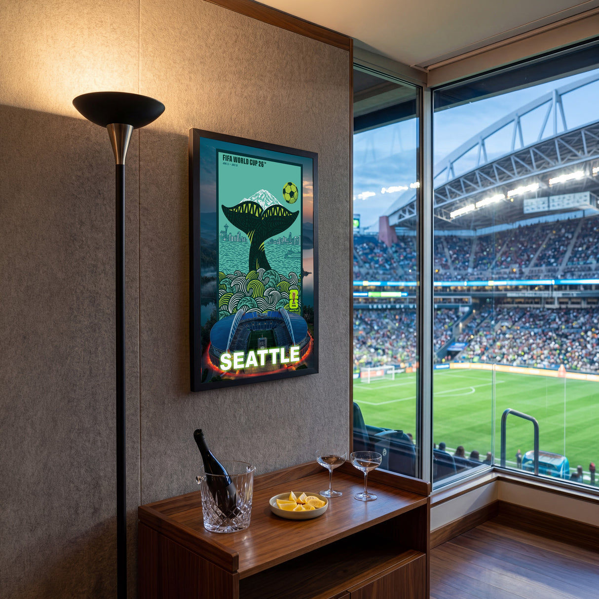Seattle FIFA World Cup 2026 Officially Licensed Framed Poster – Shadow Box Frame Behind Glass – Stadium Lounge Top View3