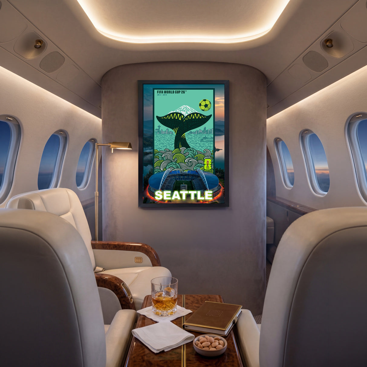 Seattle FIFA World Cup 2026 Officially Licensed Framed Poster – Shadow Box Frame Behind Glass – Private Jet