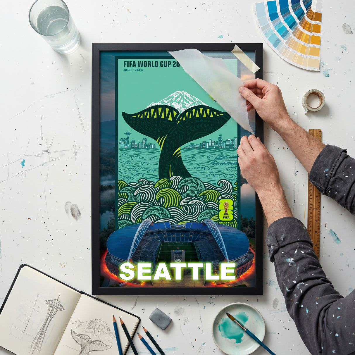 Seattle FIFA World Cup 2026 Officially Licensed Framed Poster – Shadow Box Frame Behind Glass – Unboxing