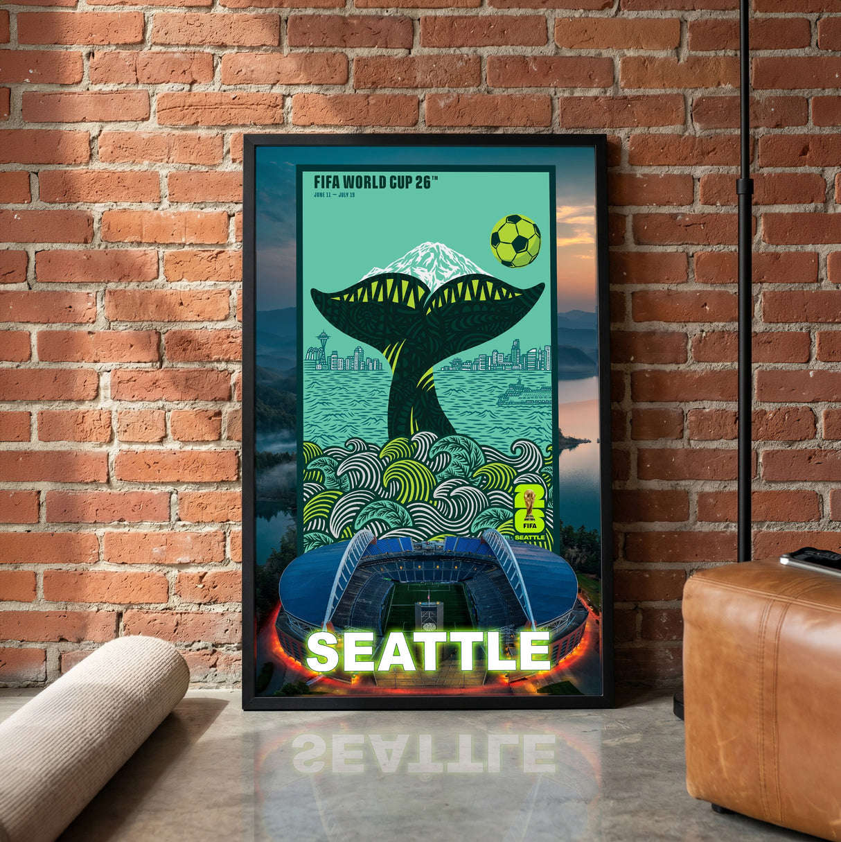 Seattle FIFA World Cup 2026 Officially Licensed Framed Poster – Shadow Box Frame Behind Glass – Modern Loft Brick Background