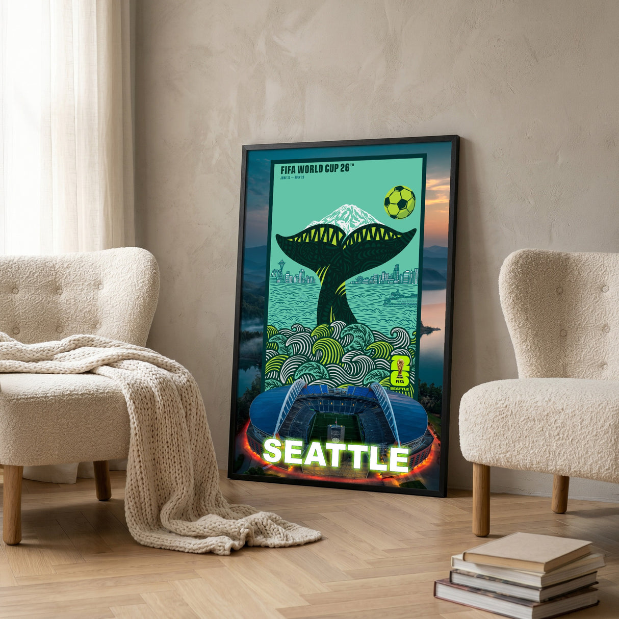 Seattle FIFA World Cup 2026 Officially Licensed Framed Poster – Shadow Box Frame Behind Glass – Armchair Closup Indoor