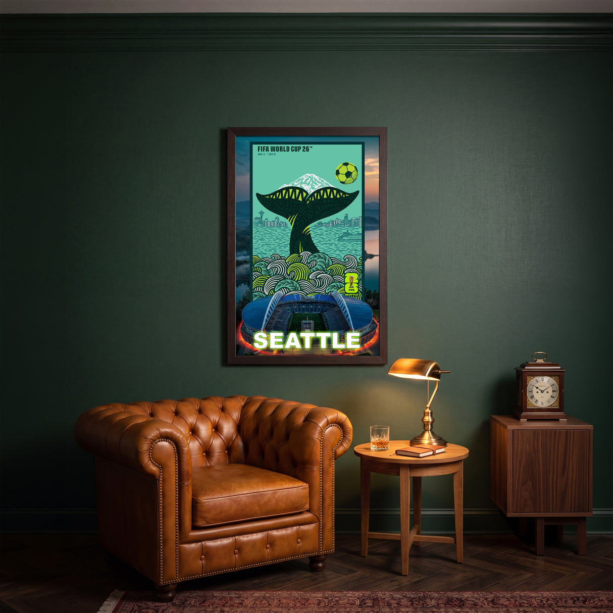 Seattle FIFA World Cup 2026 Officially Licensed Framed Poster – Shadow Box Frame Behind Glass – Closeup
