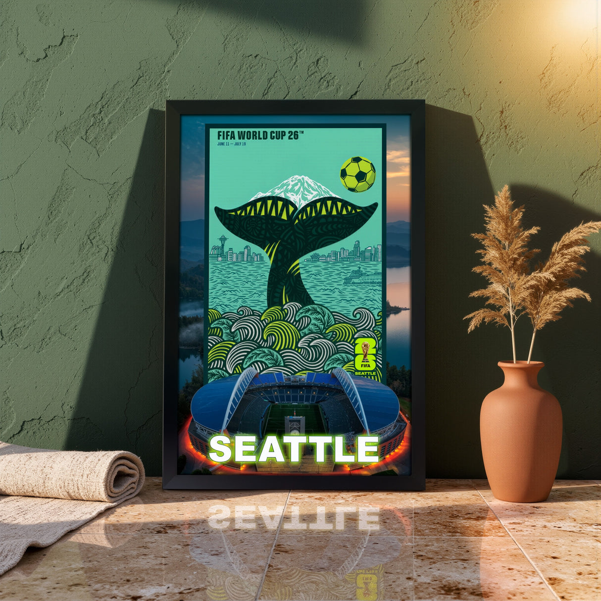 Seattle FIFA World Cup 2026 Officially Licensed Framed Poster – Shadow Box Frame Behind Glass – Closeup3