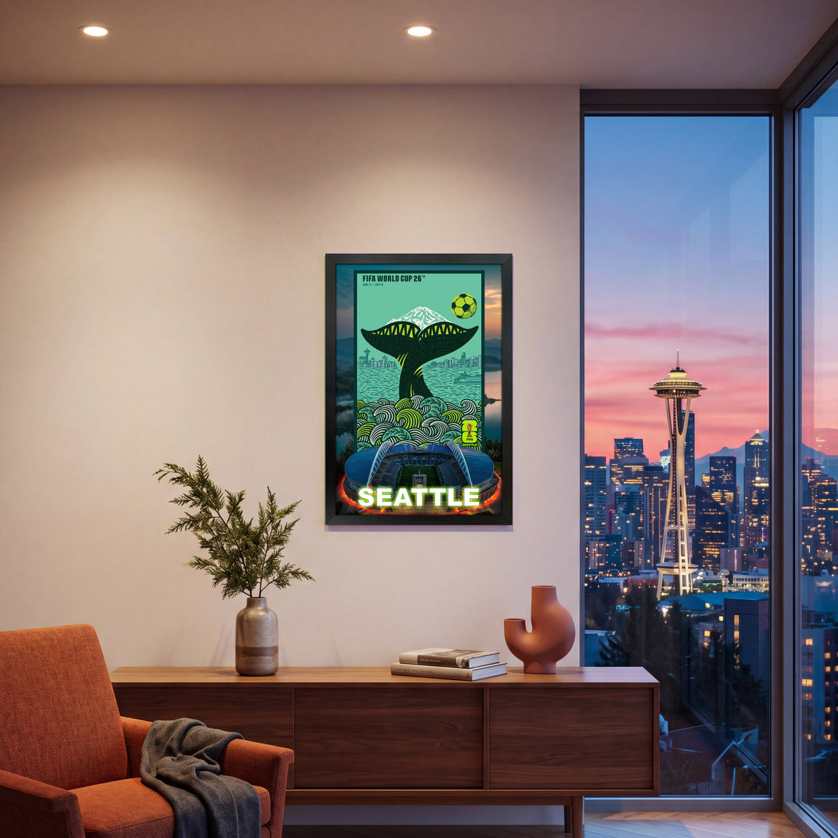 Seattle FIFA World Cup 2026 Officially Licensed Framed Poster – Shadow Box Frame Behind Glass – Kerry Park Condo