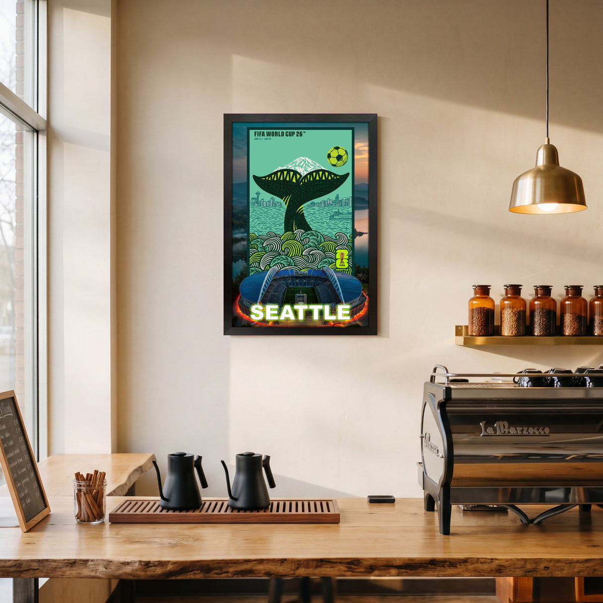 Seattle FIFA World Cup 2026 Officially Licensed Framed Poster – Shadow Box Frame Behind Glass – Capitol Hill Coffee