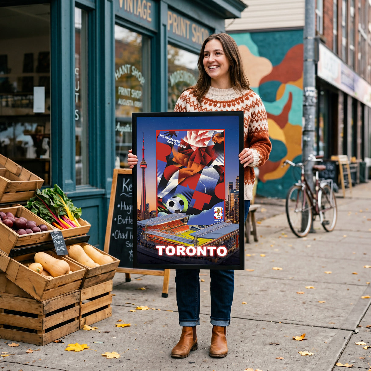 Toronto FIFA World Cup 2026 Officially Licensed Framed Poster – Shadow Box Frame Behind Glass – Girl Holding 1 Person