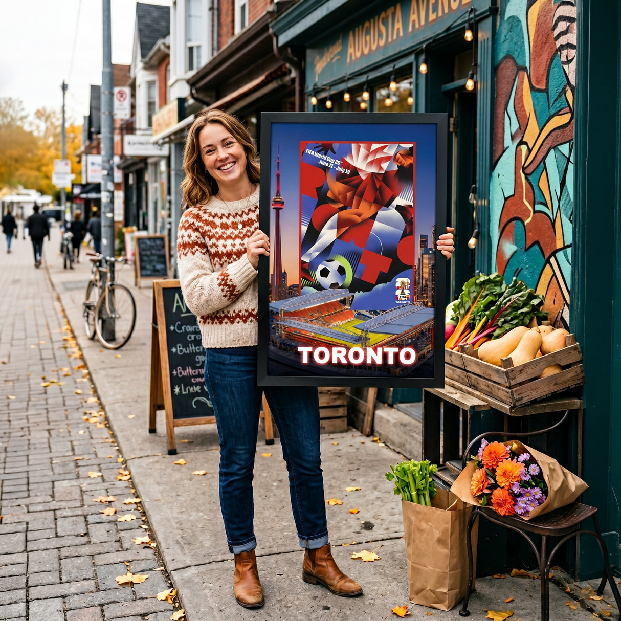 Toronto FIFA World Cup 2026 Officially Licensed Framed Poster – Shadow Box Frame Behind Glass – Outdoor Girl Holding