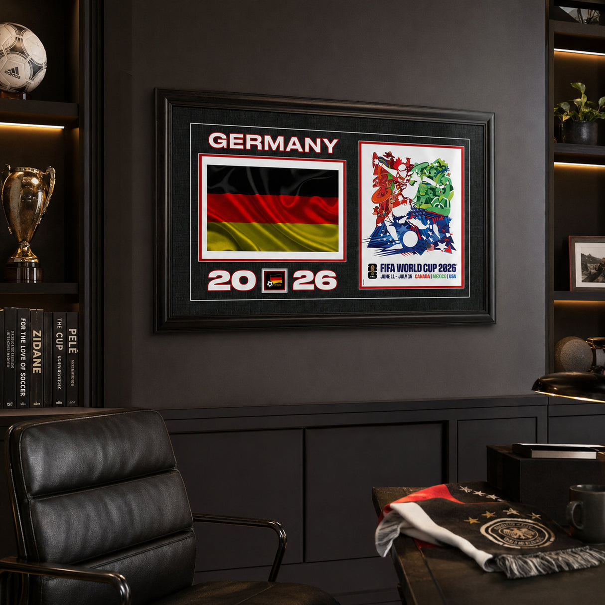 Germany 15x24 Frame 2026 Officially Licensed FIFA World Cup Poster w/ Flag — Displayed in a fan cave with mood lighting